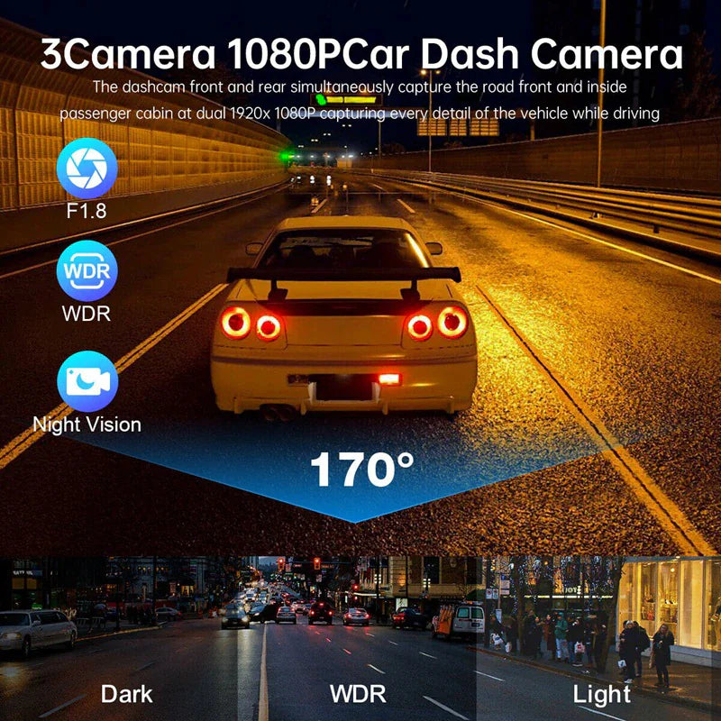 Car Dual Lens Dash Cam HD 1080P Front/Rear/Inside Video Recorder Camera G-Sensor